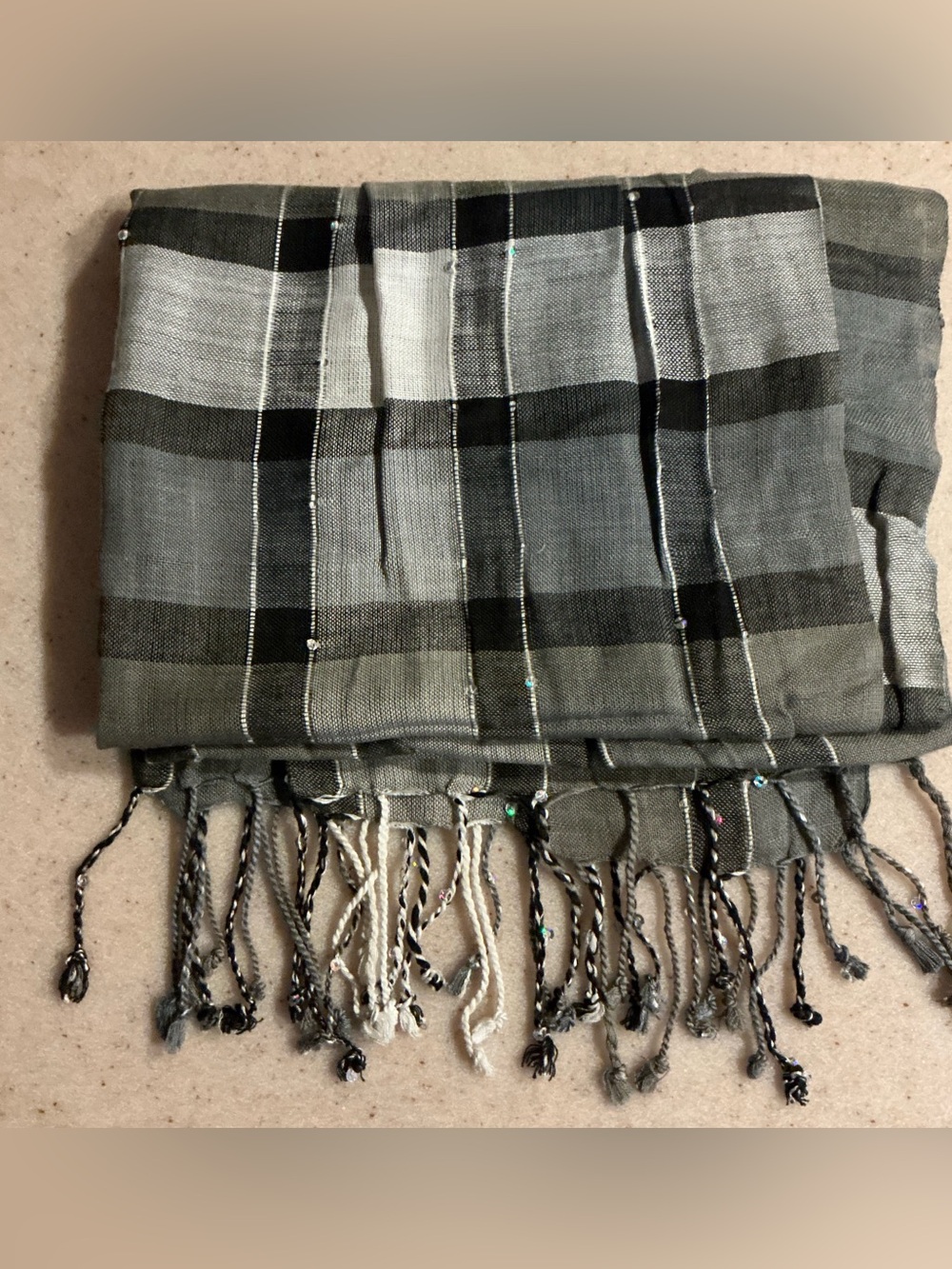 Route 66 White , Gray and Black Checked Fringe Scarf Sequined